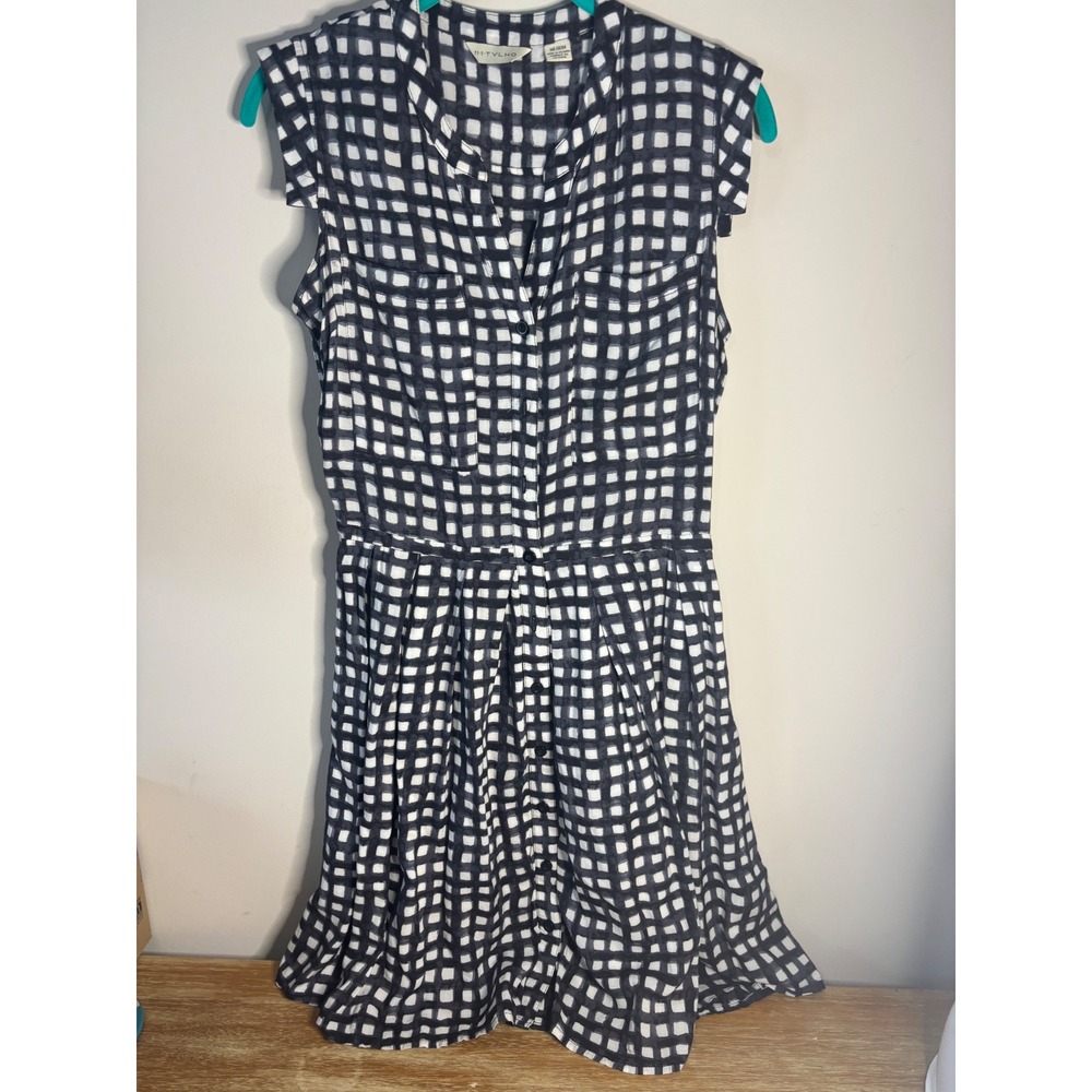11.1 Tylho Womens Black White Grid Check Sleeveless Button Front‎ Shirt Dress M